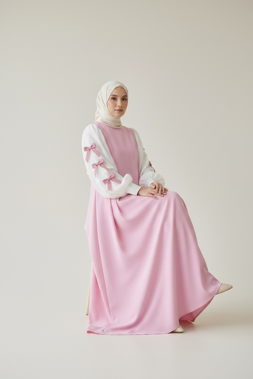 Bow Sleeve Maxi Dress ( 2 Pieces ) - Pink