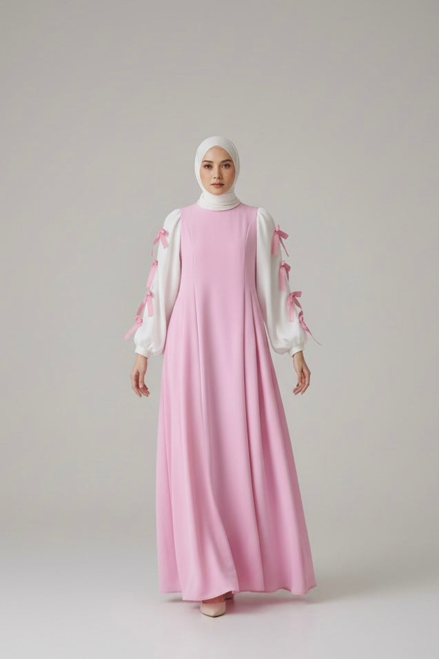 Bow Sleeve Maxi Dress ( 2 Pieces ) - Pink