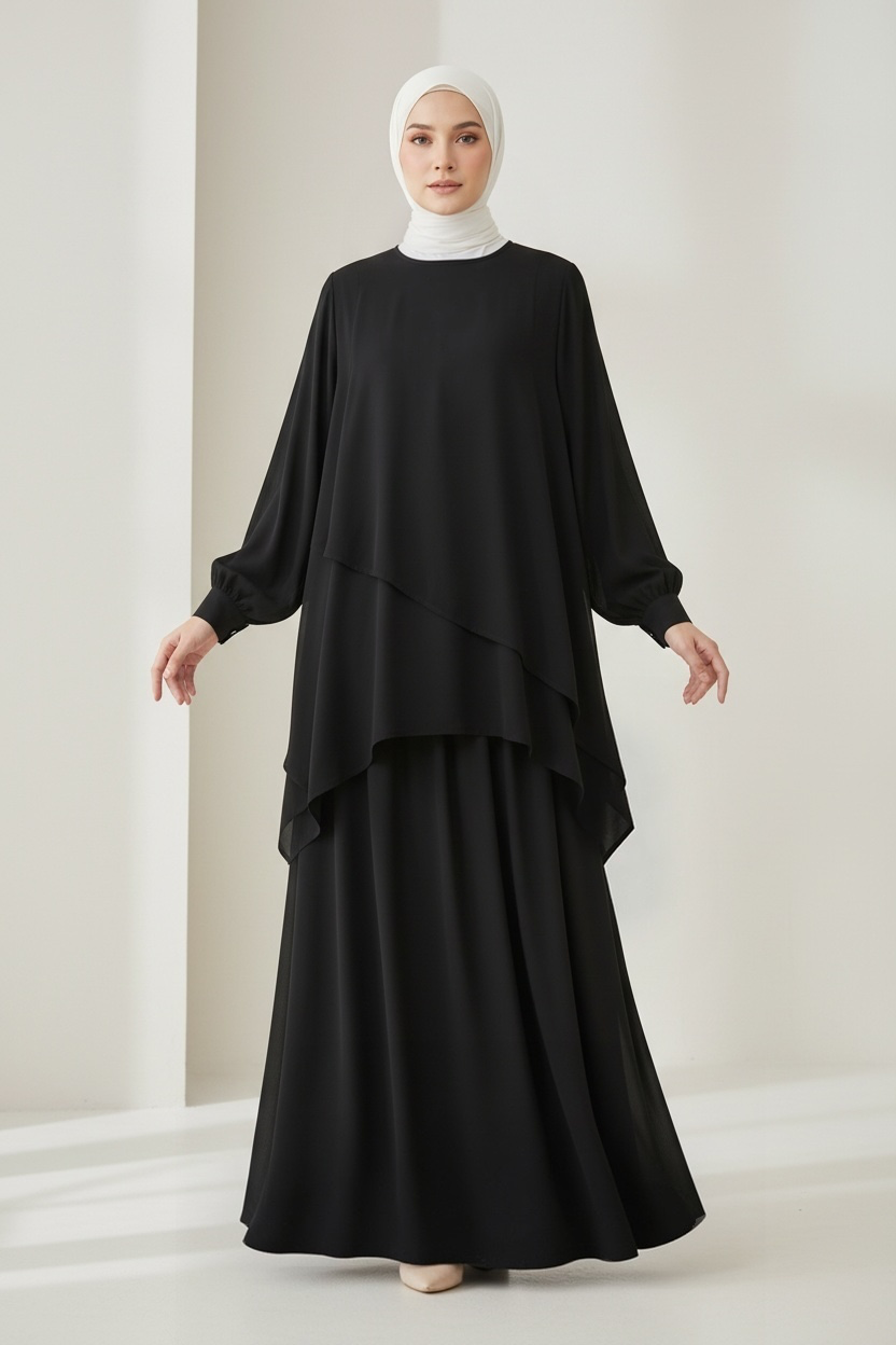 Layered Cape & Maxi Skirt Set - Black