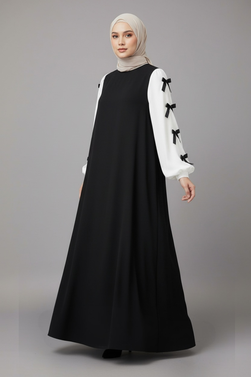 Bow Sleeve Maxi Dress ( 2 Pieces ) - Black