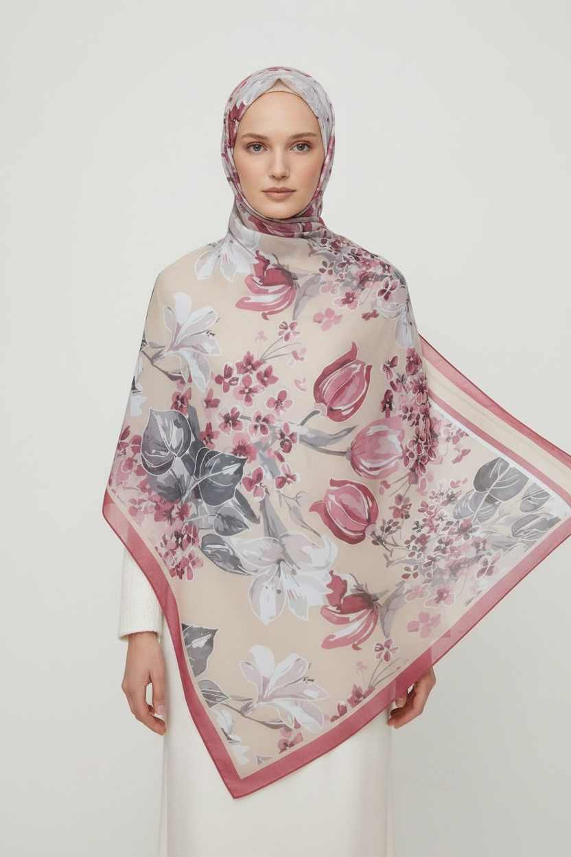 Printed Chiffon Hijab ( Floral Pink )