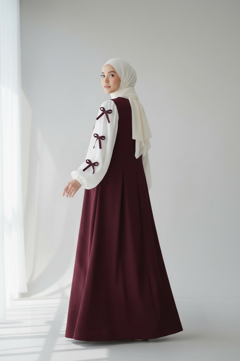 Bow Sleeve Maxi Dress ( 2 Pieces ) - Burgandy