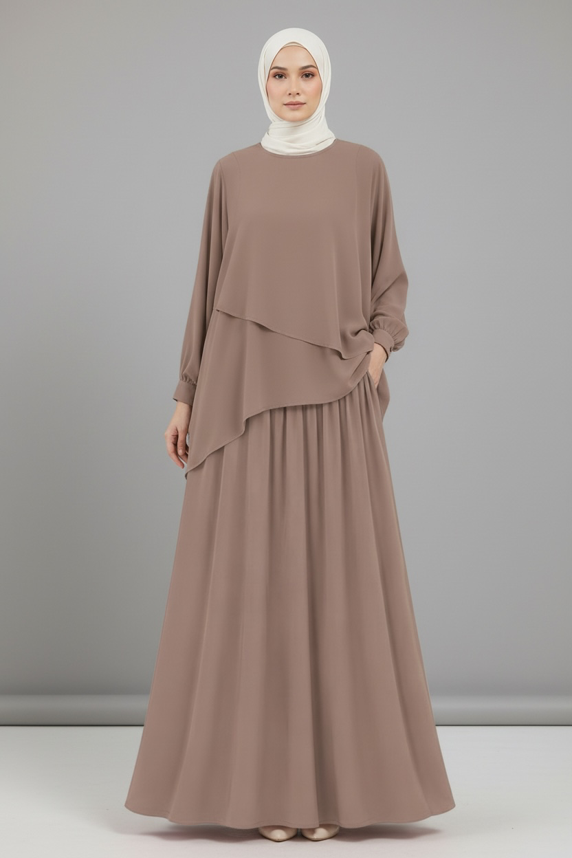 Layered Cape & Maxi Skirt Set - Mocha
