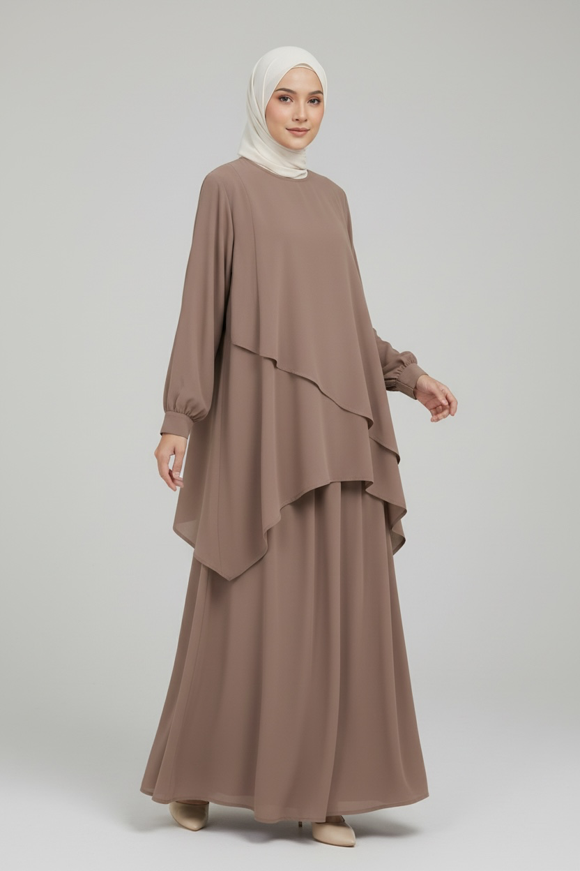 Layered Cape & Maxi Skirt Set - Mocha