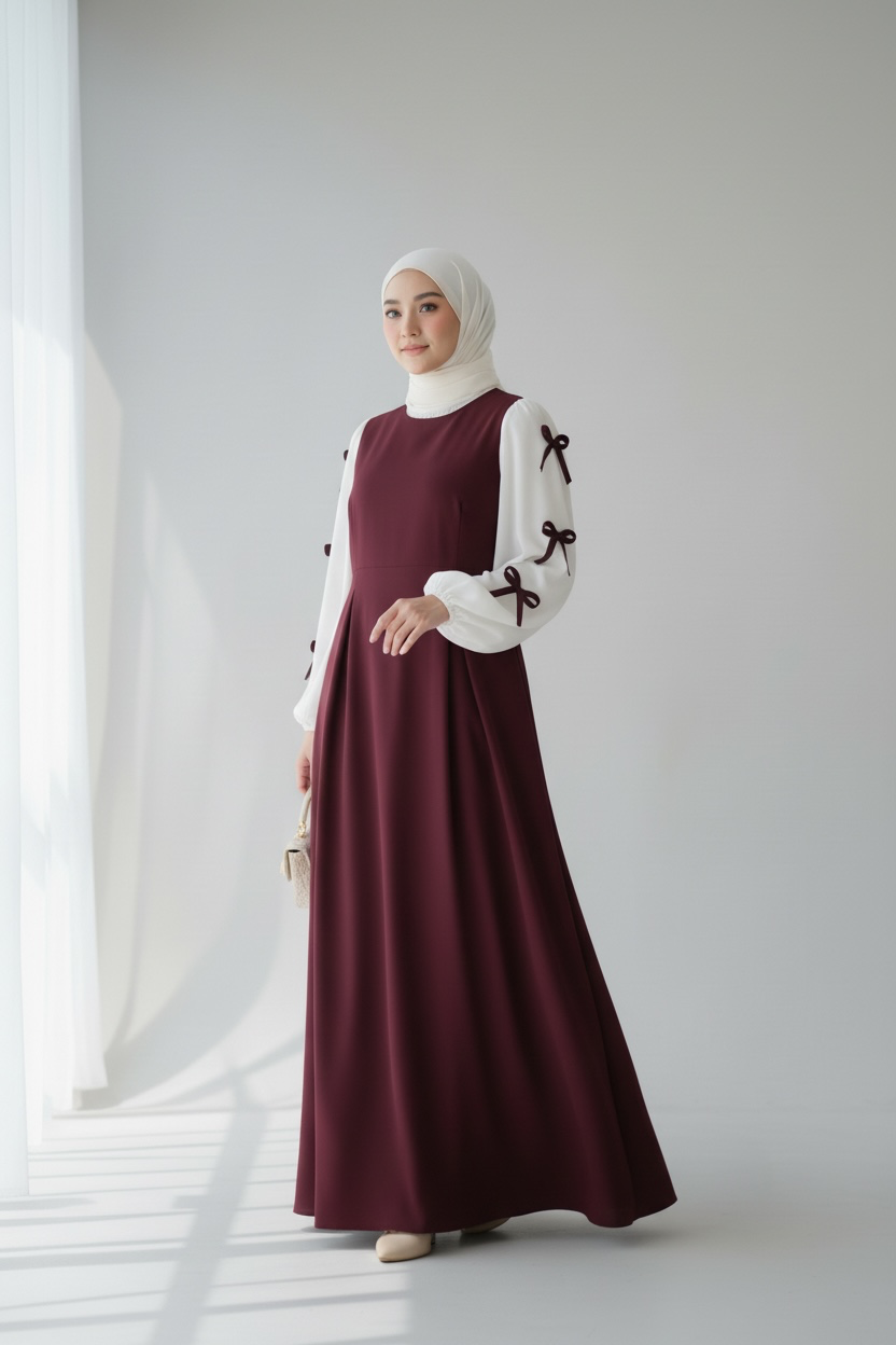Bow Sleeve Maxi Dress ( 2 Pieces ) - Burgandy