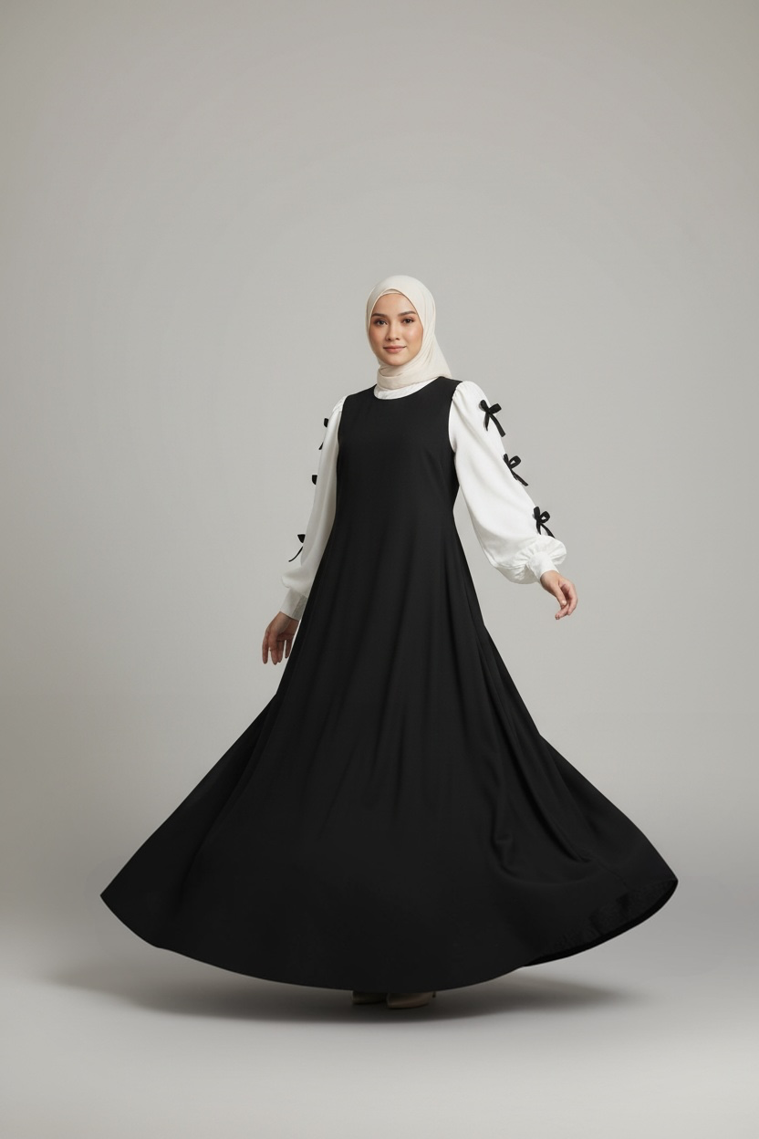 Bow Sleeve Maxi Dress ( 2 Pieces ) - Black