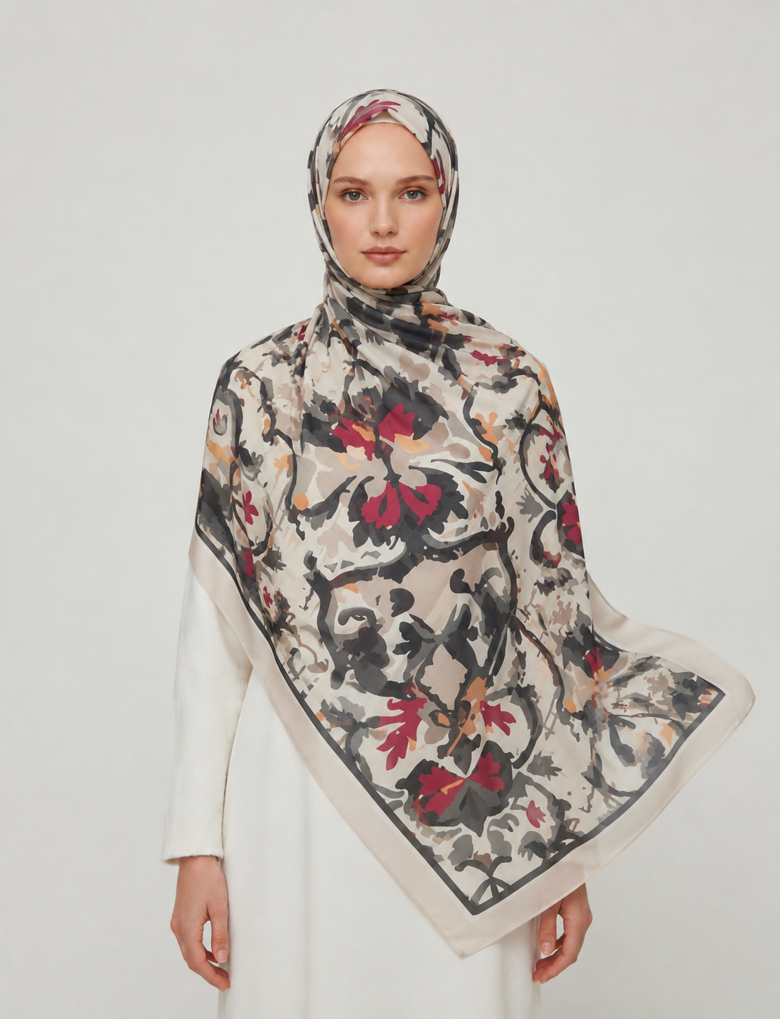 Printed Chiffon Hijab (  Red & Beige )