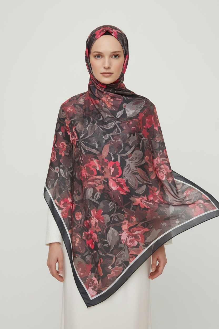 Printed Chiffon Hijab ( Floral Red )