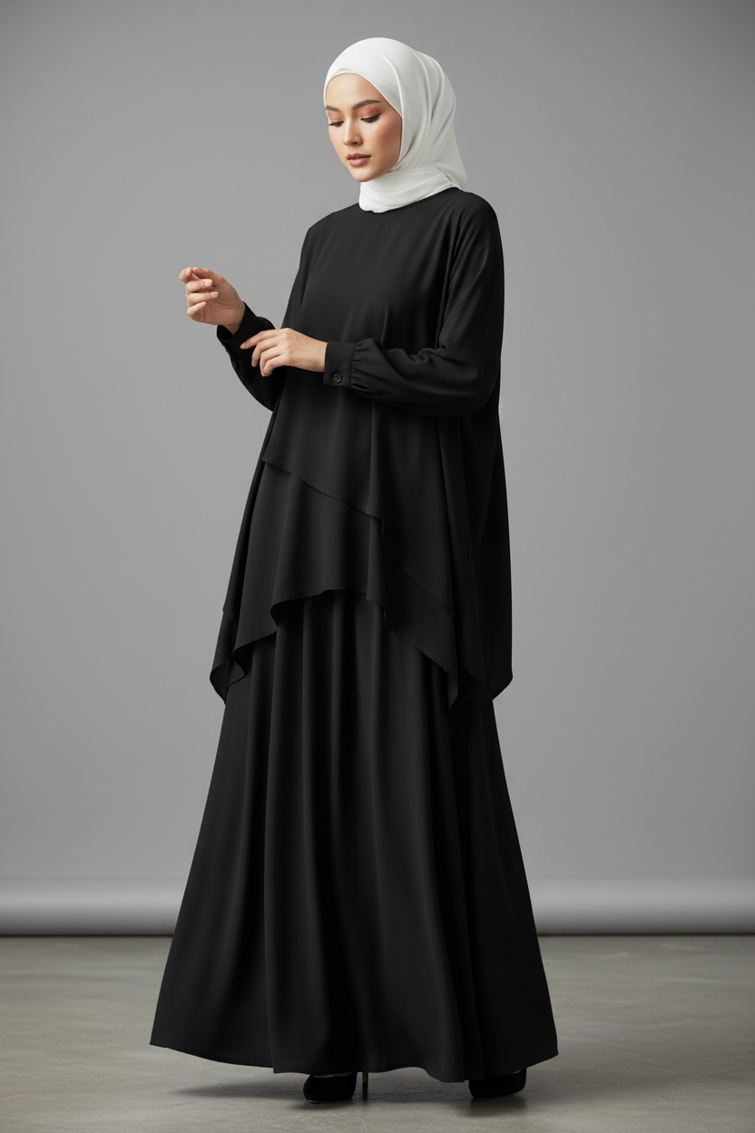 Layered Cape & Maxi Skirt Set - Black