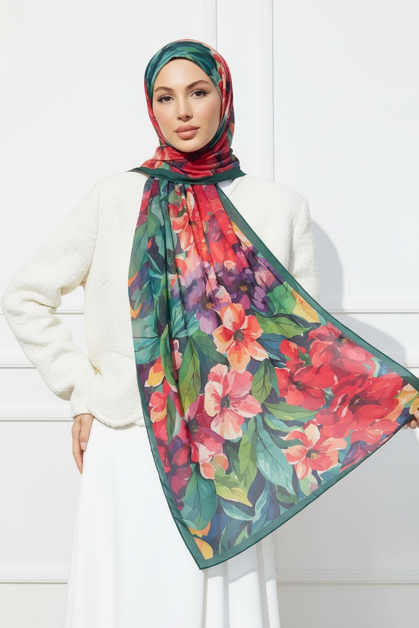 Printed Chiffon Hijab ( Floral Green )