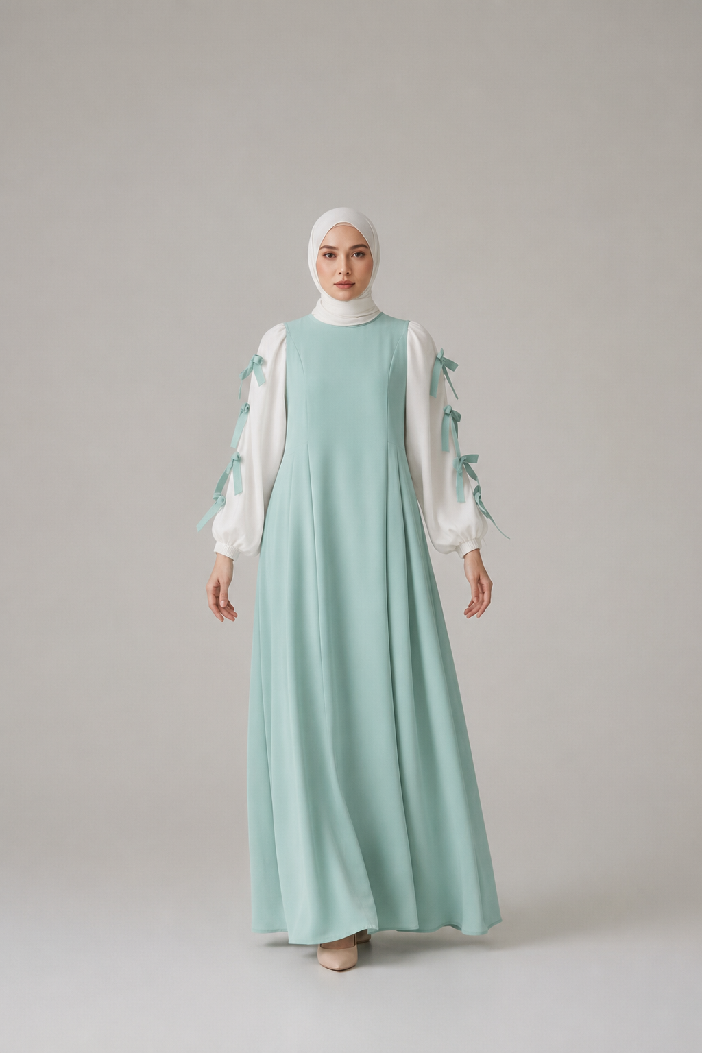 Bow Sleeve Maxi Dress ( 2 Pieces ) - Mint Green
