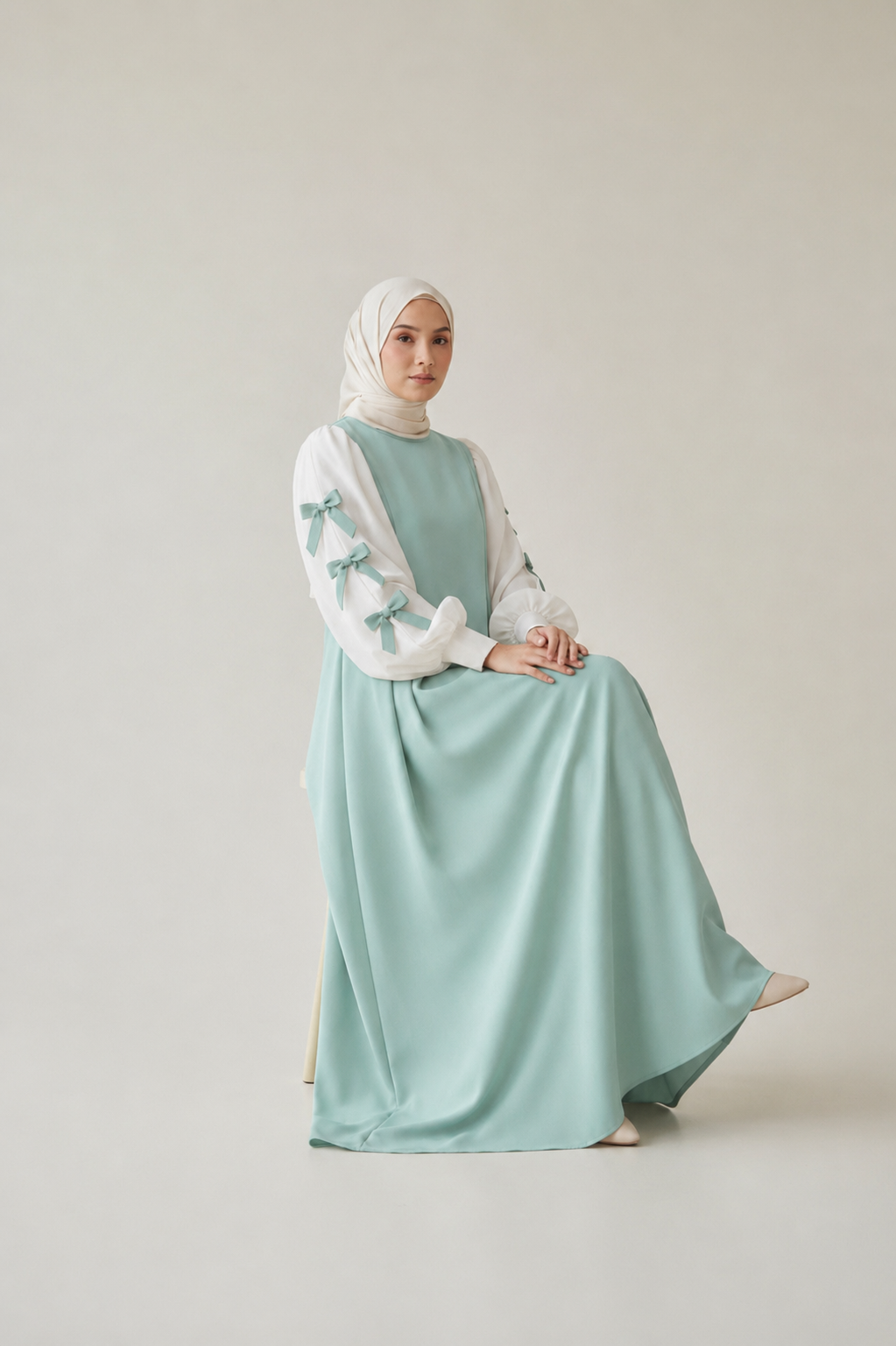 Bow Sleeve Maxi Dress ( 2 Pieces ) - Mint Green